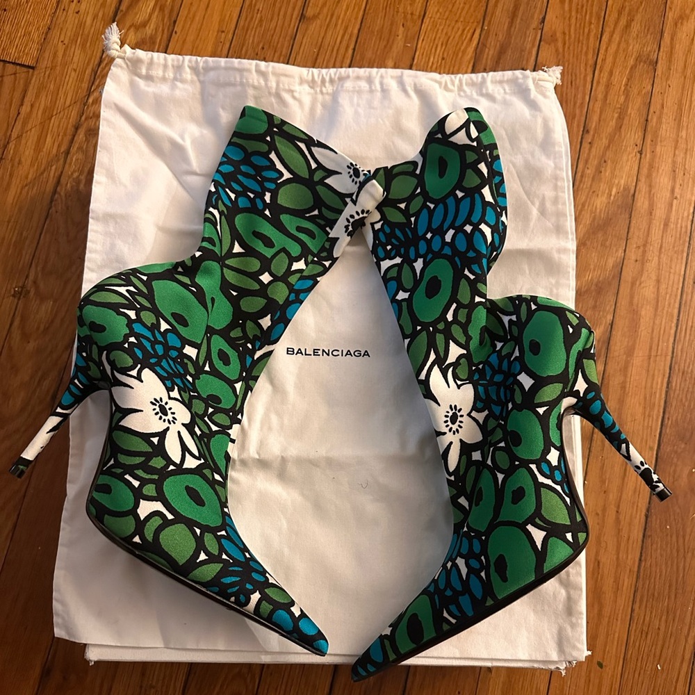 Balenciaga Green and Blue Floral Patterned, Pointy Toe Heeled Boots